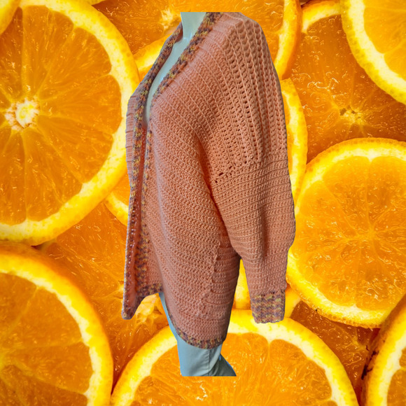 Hand Knit Open Front Long Pink Sweater With Colorful Accents - Picture 2 of 6